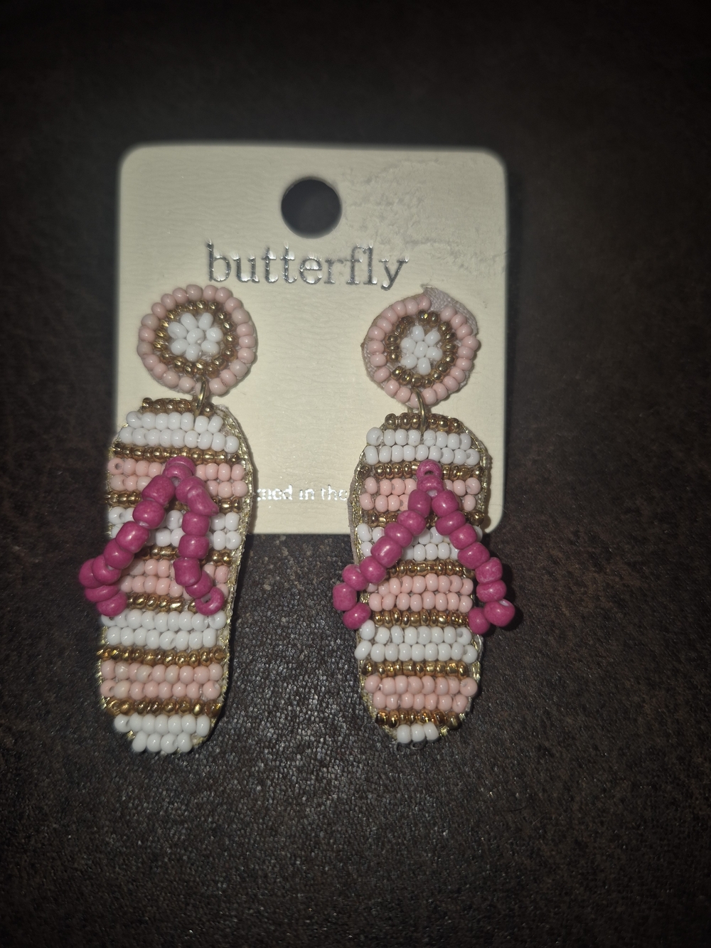 Butterfly Pink Beaded Flip-Flop Earrings with Gold Accents